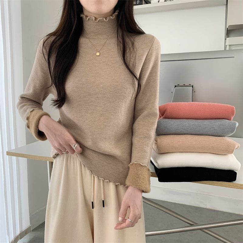 木耳邊半高領毛衣打底衫2023新款女秋冬內搭修身顯瘦針織衫上衣服