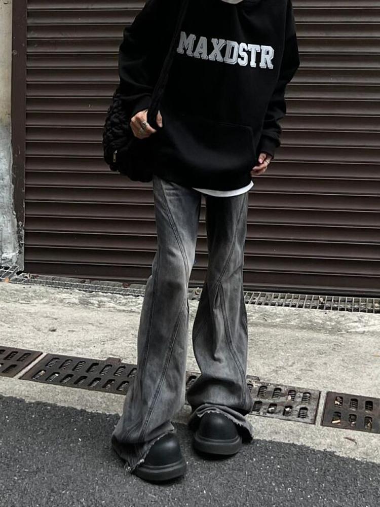 美式復古設計感毛邊漸變微喇牛仔褲男秋季高街修身闊腿喇叭褲子潮