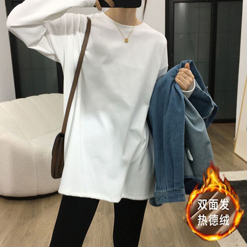 加厚雙面德絨圓領白色打底衫女加絨秋冬磨毛內搭純色寬鬆長袖T恤