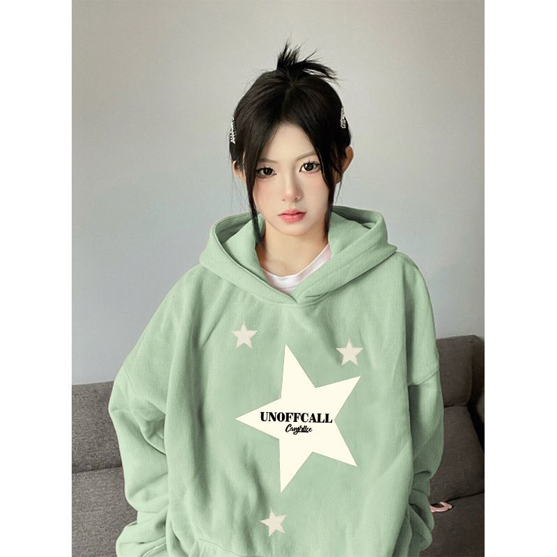 UO100%純棉美式復古綠色衛衣女秋款2023冬季寬鬆正肩衛衣女小個子