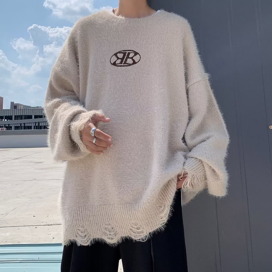 美式設計感刺繡奶茶色毛衣男女情侶秋冬加厚寬鬆慵懶風套頭針織衫
