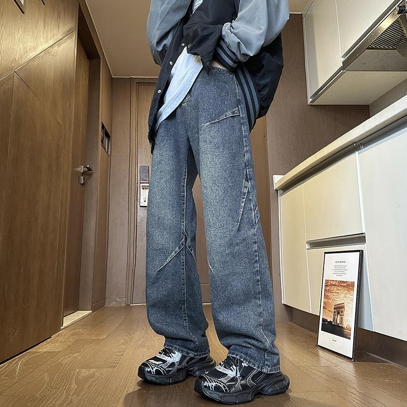 水洗復古藍色牛仔褲男款美式vibe風高街褲子潮流垂感寬鬆直筒長褲