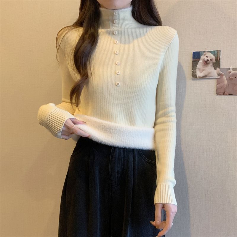 秋冬加絨毛衣女加厚一體絨內搭半高領打底衫套頭洋氣針織保暖上衣