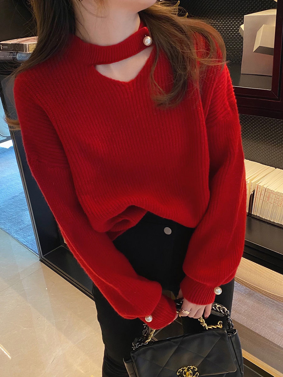 設計感小眾毛衣女2023年春秋冬季新款寬鬆加厚V領外穿針織衫上衣