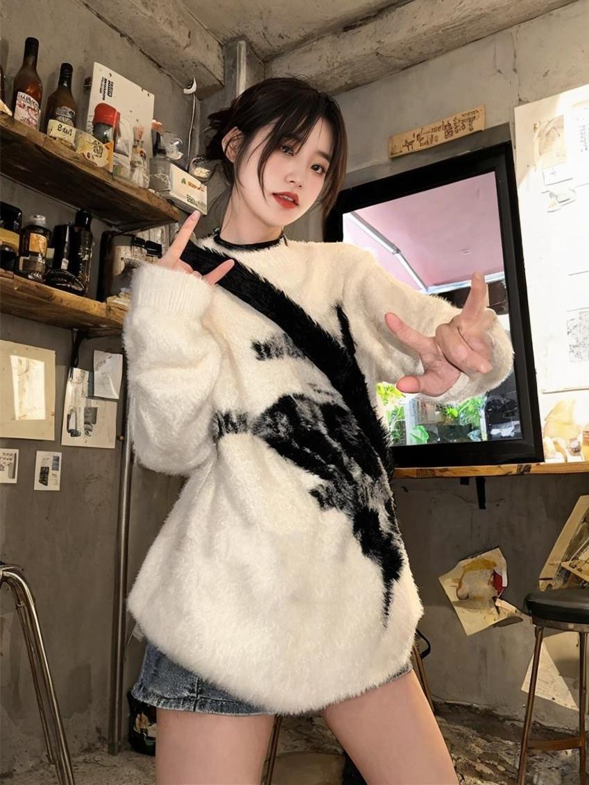 美式高街個性提花仿貂絨軟糯毛衣女秋冬新款慵懶寬鬆圓領套頭上衣