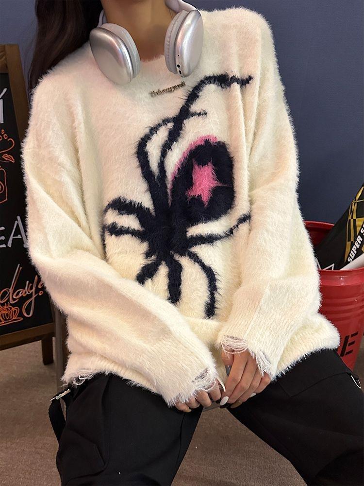 美式慵懶學院風蜘蛛提花圓領毛衣男女寬鬆顯瘦軟糯針織衫外套上衣
