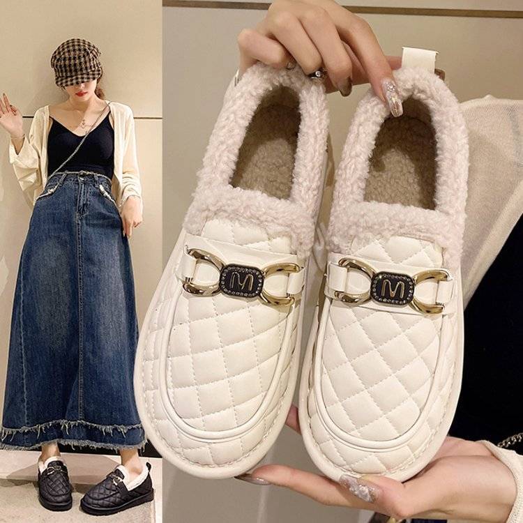 樂福鞋女2023年秋冬新款一腳蹬厚底加絨雪地棉鞋豆豆鞋外穿毛毛鞋