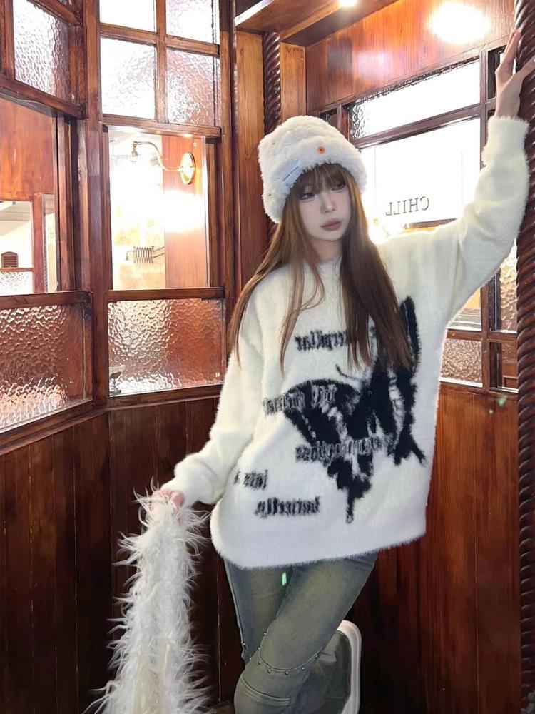 美式蝴蝶提花圓領針織衫軟糯毛衣男女同款秋冬慵懶風寬鬆情侶上衣