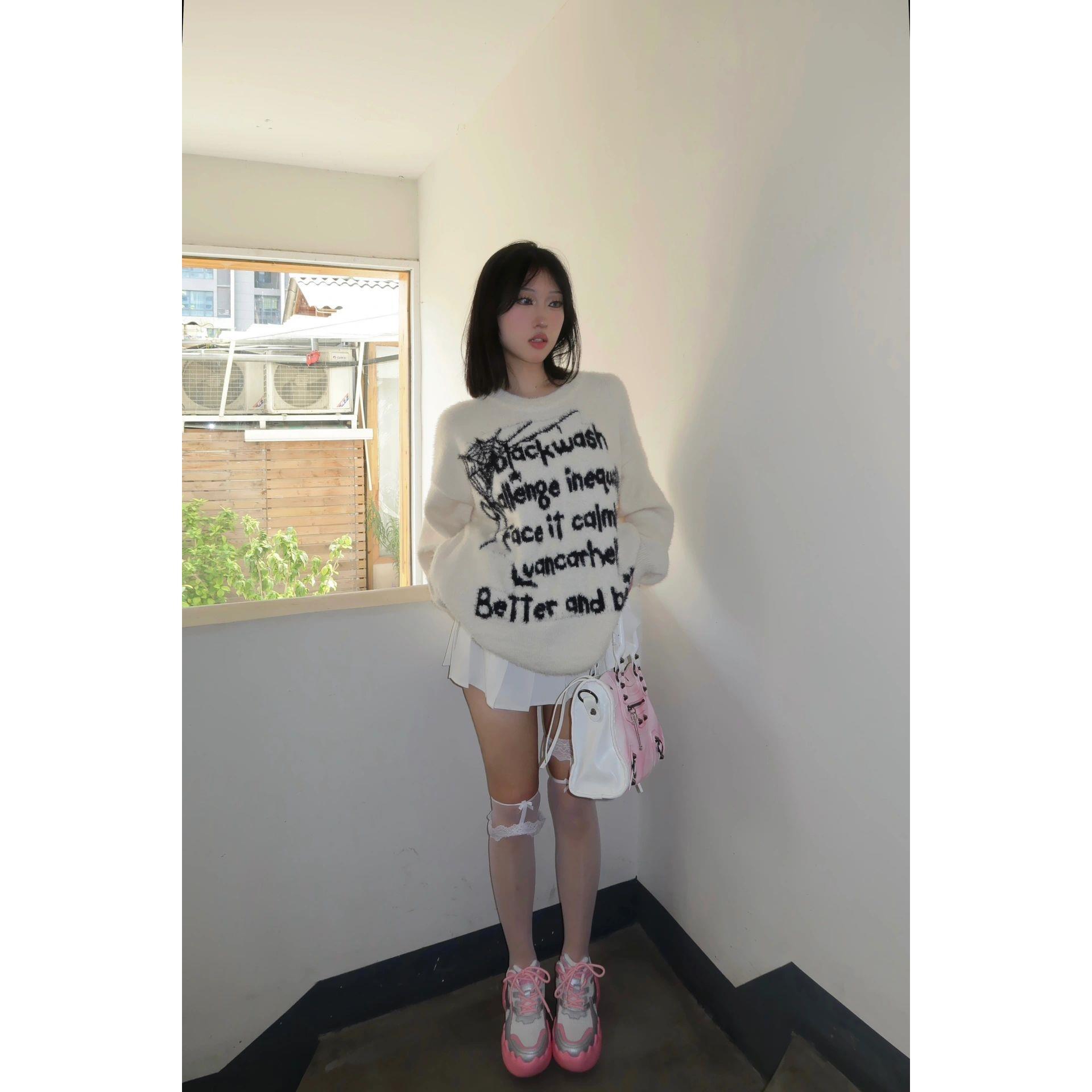美式復古慵懶風字母提花圓領針織衫上衣男女秋冬新款寬鬆休閒毛衣