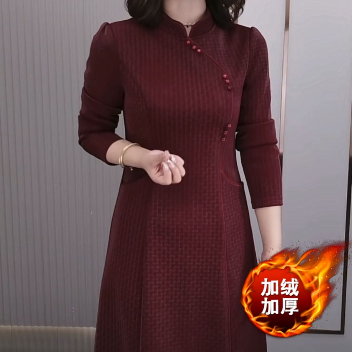 加絨加厚中國風琉璃精紡改良版旗袍連衣裙2023新款秋冬女婚宴裙子