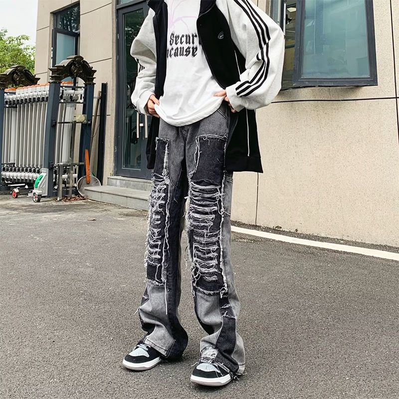 美式高街vibe風設計感假破洞牛仔褲男潮牌水洗毛邊寬鬆闊腿微喇褲
