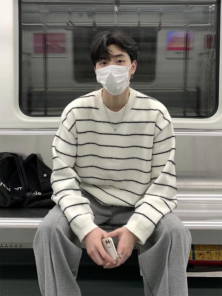 美式復古條紋毛衣男圓領秋冬高級感慵懶風針織衫乾淨男生穿搭上衣