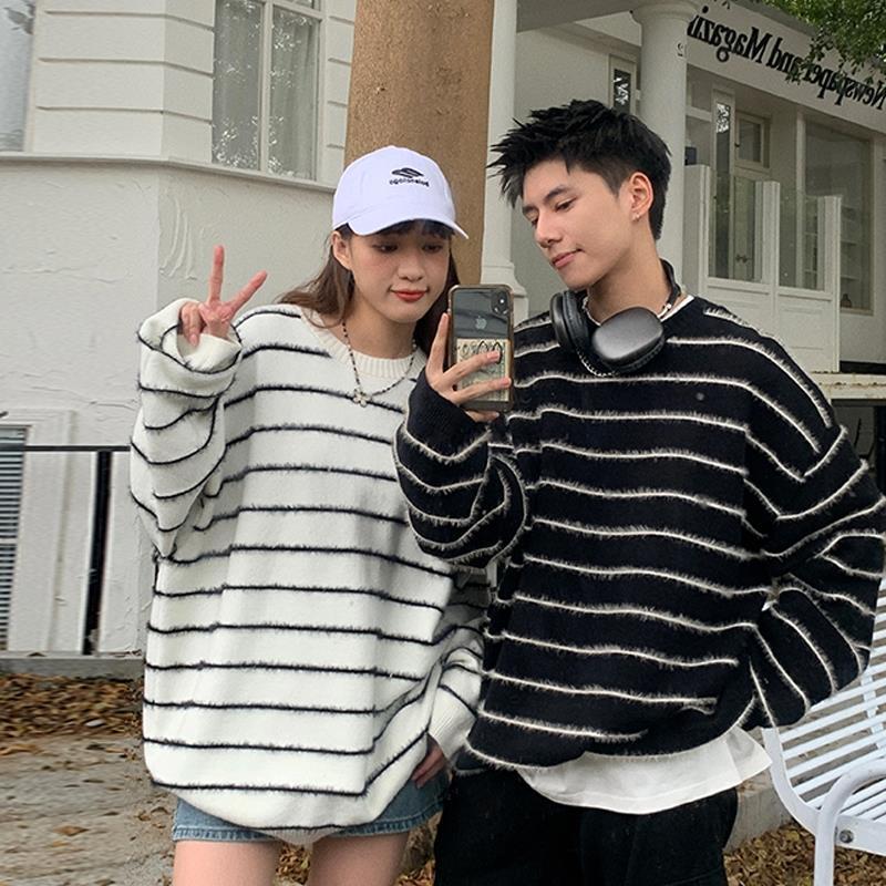 美式潮牌秋冬季條紋情侶毛衣男女款寬鬆慵懶風針織衫撞色圓領上衣