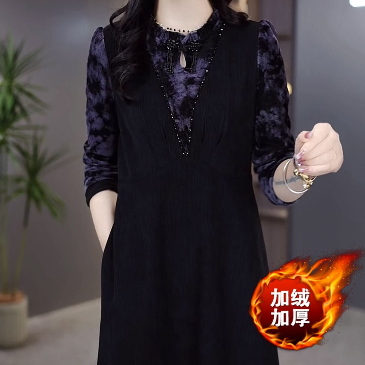 加絨加厚帛萊精紡假兩件套連衣裙2023新款秋冬女時尚氣質高檔裙子