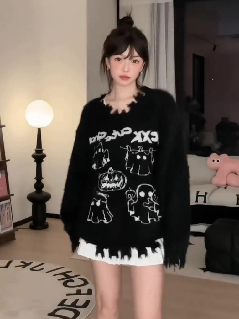 歐貨萬聖可愛鬼v領毛衣男秋冬不規則下擺寬鬆顯瘦長袖針織上衣潮