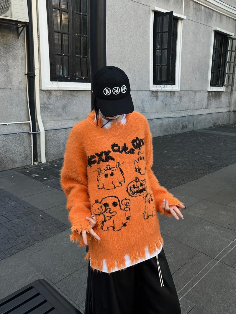 美式復古破壞南瓜頭萬聖節軟糯毛衣針織衫男女寬鬆休閒慵懶外套潮