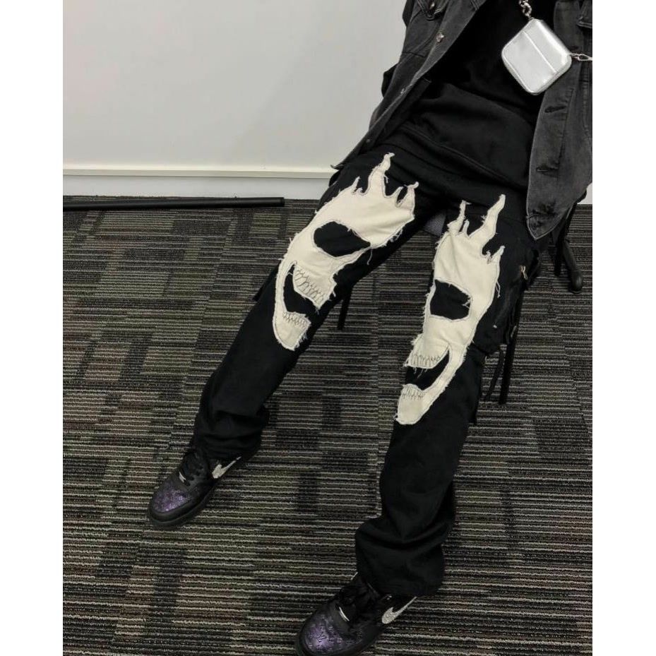 美式vibe風貼補骷髏工裝拉鏈休閒褲子男國潮街頭高級感黑色直筒褲