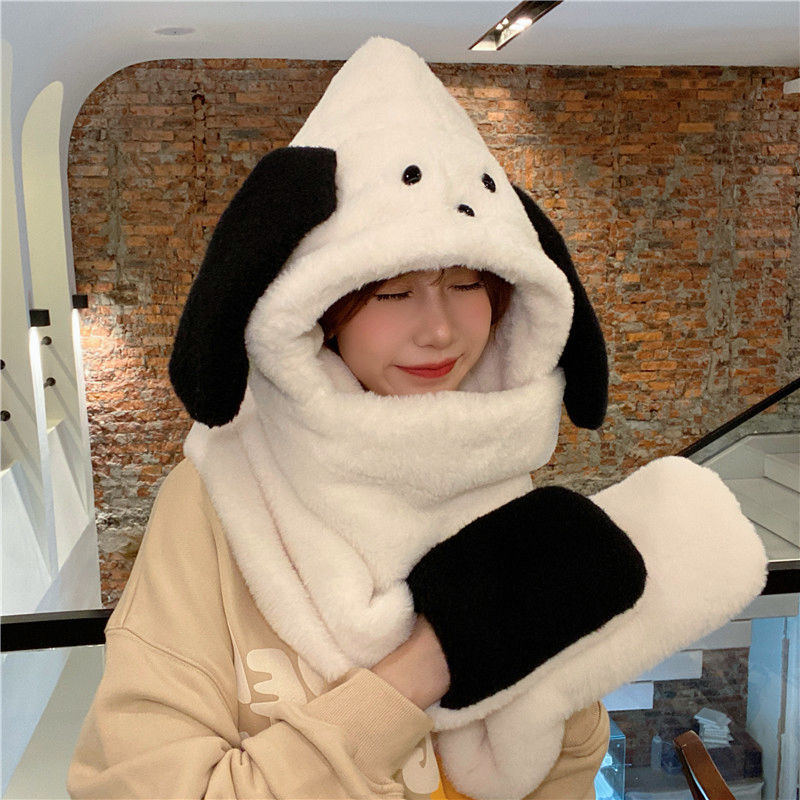  autumn and winter girlfriends cute hooded cartoon girls thickened warm plush neck scarf gloves hat scarf all in one