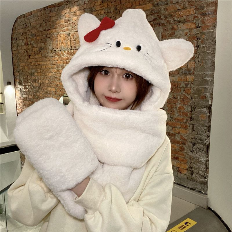  autumn and winter girlfriends cute hooded cartoon girls thickened warm plush neck scarf gloves hat scarf all in one