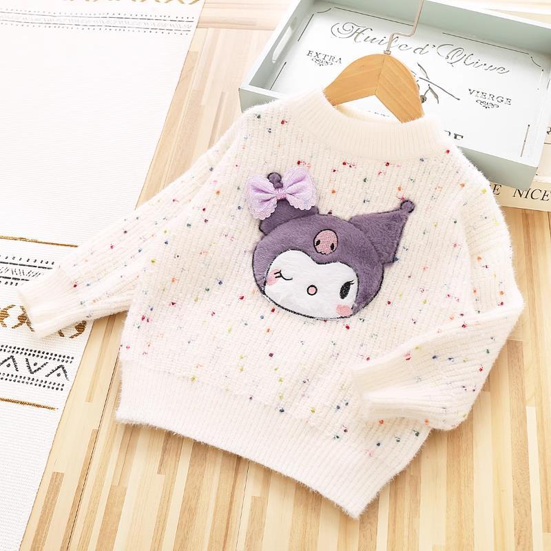 Girls' Kuromi Knitted Sweater Plus Velvet Sweater 2023 Autumn and Winter New Style Round Neck Pullover Melody Cartoon Top