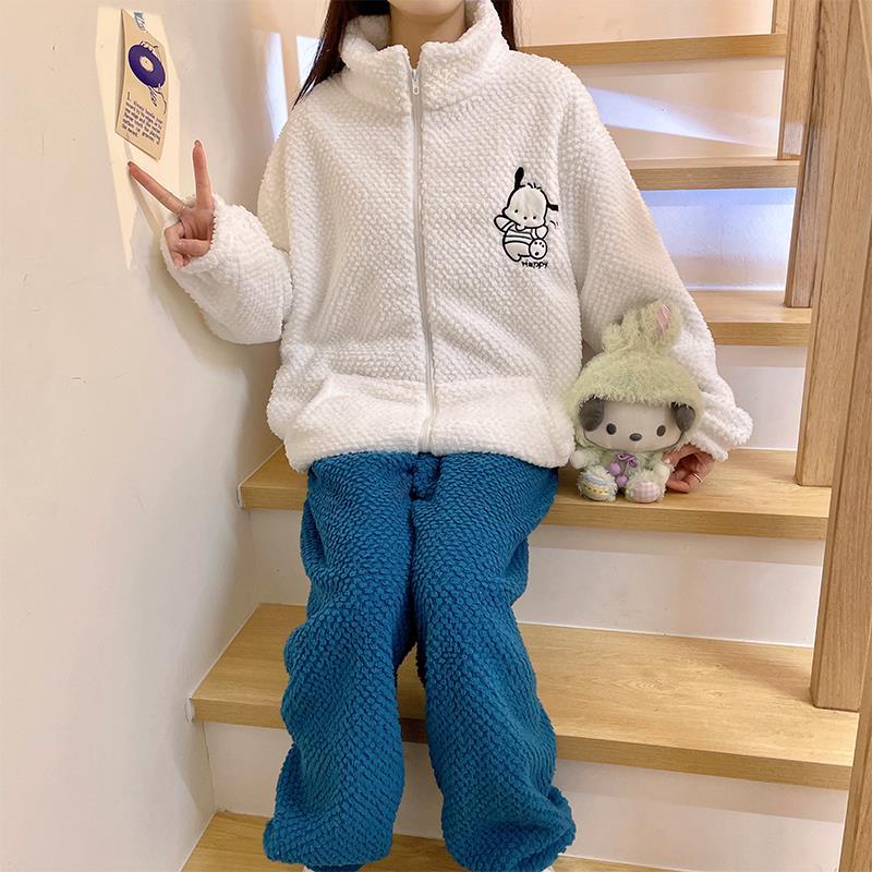 帕恰狗冬季珊瑚絨睡衣女加絨加厚2023年新款拉鏈家居服套裝秋冬天
