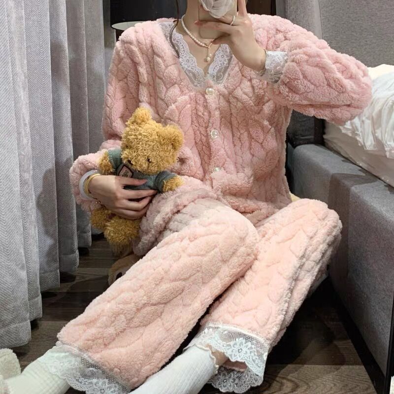 2023新款珊瑚絨睡衣女士秋冬季加絨加厚冬天可愛法蘭絨家居服套裝
