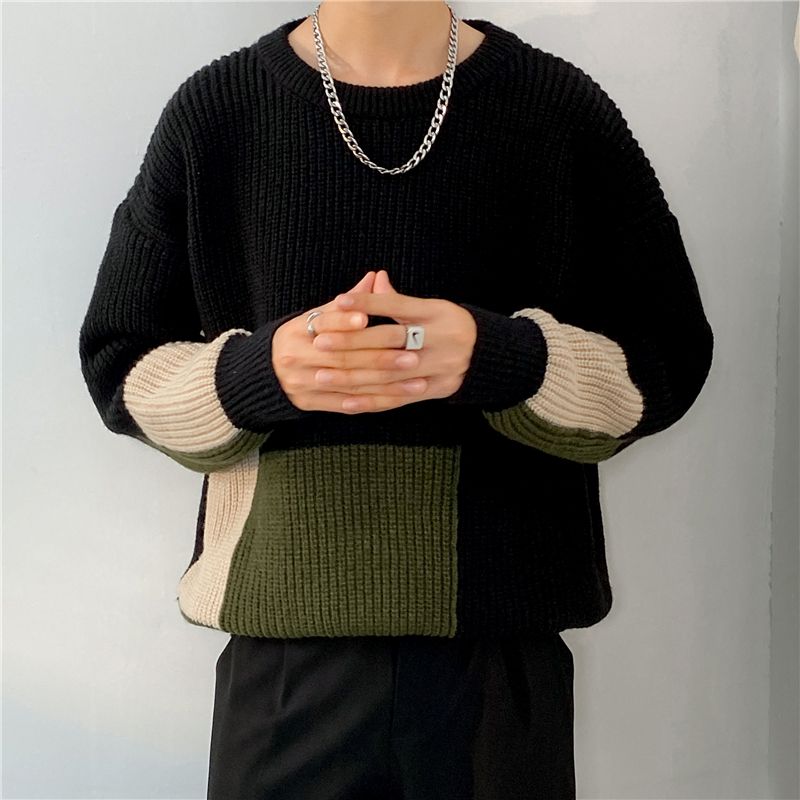 Contrast color splicing sweater ins trendy autumn and winter thickened men's sweater Japanese loose round neck bottoming shirt