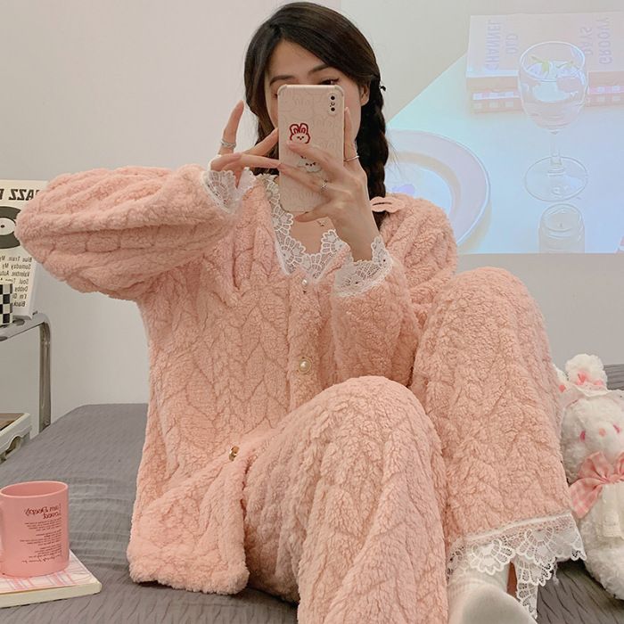 秋冬季珊瑚絨睡衣女冬加絨加厚家居服2023年新款法蘭絨春秋天套裝