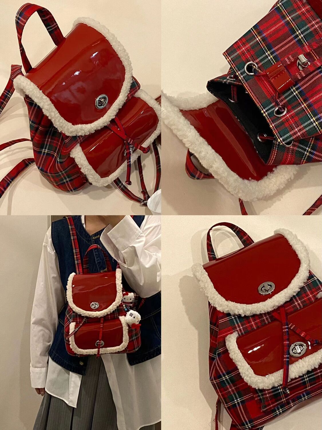 冬季中国红漆皮手提小背包2023小众设计拼接百搭双肩包高级通勤包