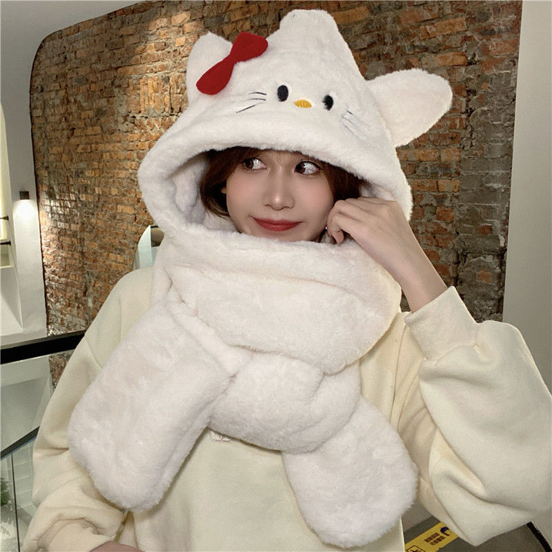  autumn and winter girlfriends cute hooded cartoon girls thickened warm plush neck scarf gloves hat scarf all in one