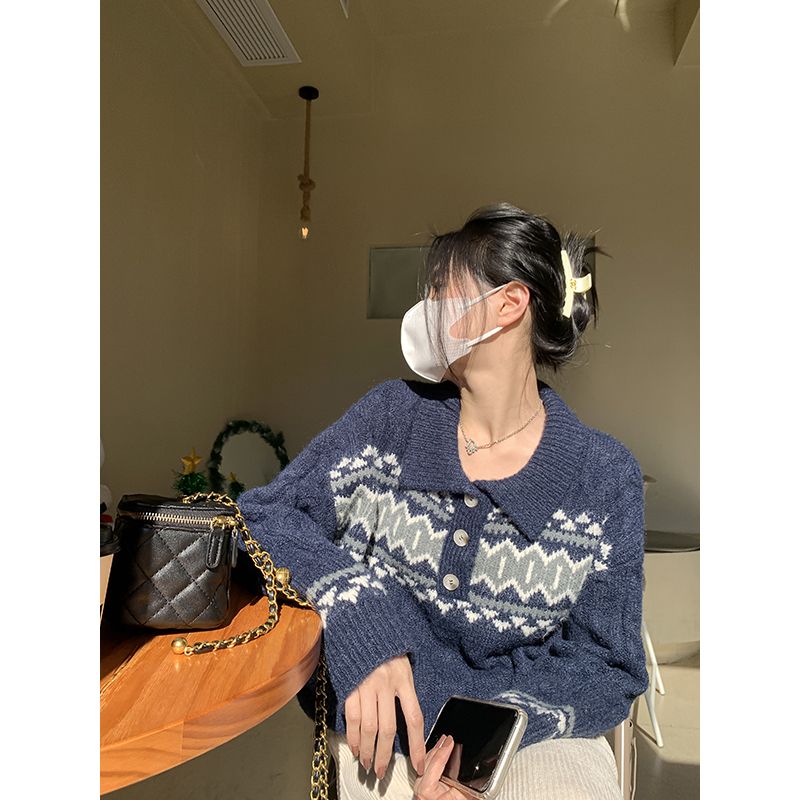 高級感超好看的POLO領毛衣女秋冬新款軟糯寬鬆慵懶風針織上衣