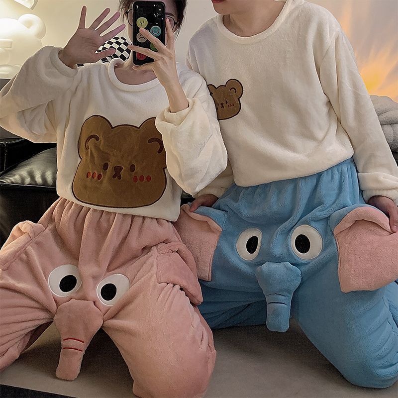 Flannel Cute Funny Squeaking Elephant Pants Autumn and Winter Thickened Home Clothes Pajamas Casual Suit for Women