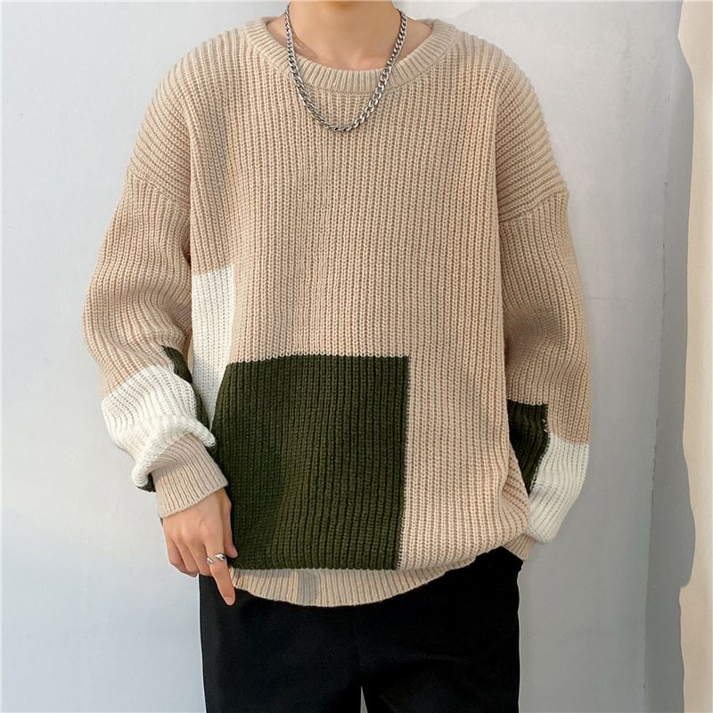 Contrast color splicing sweater ins trendy autumn and winter thickened men's sweater Japanese loose round neck bottoming shirt