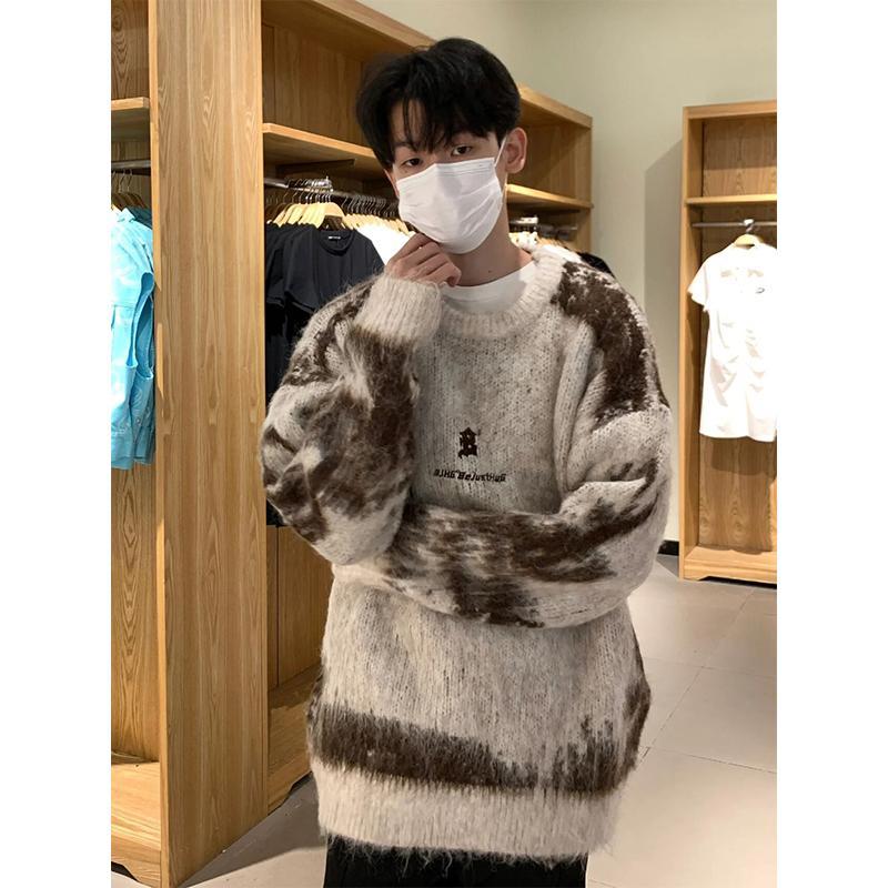 馬海毛圓領毛衣男秋冬季美式復古慵懶風潮牌針織衫cleanfit外套潮