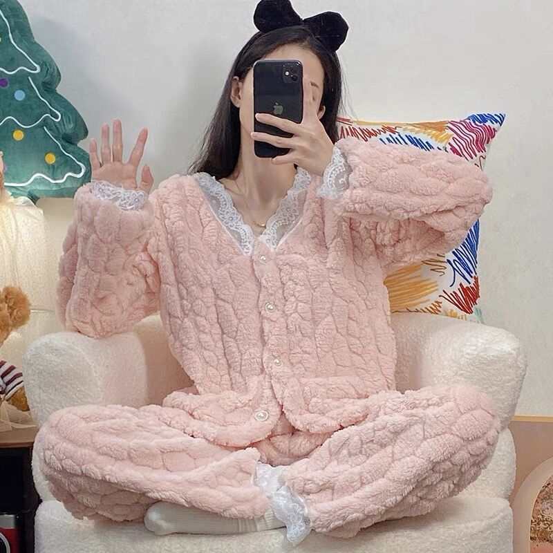 2023新款珊瑚絨睡衣女士秋冬季加絨加厚冬天可愛法蘭絨家居服套裝