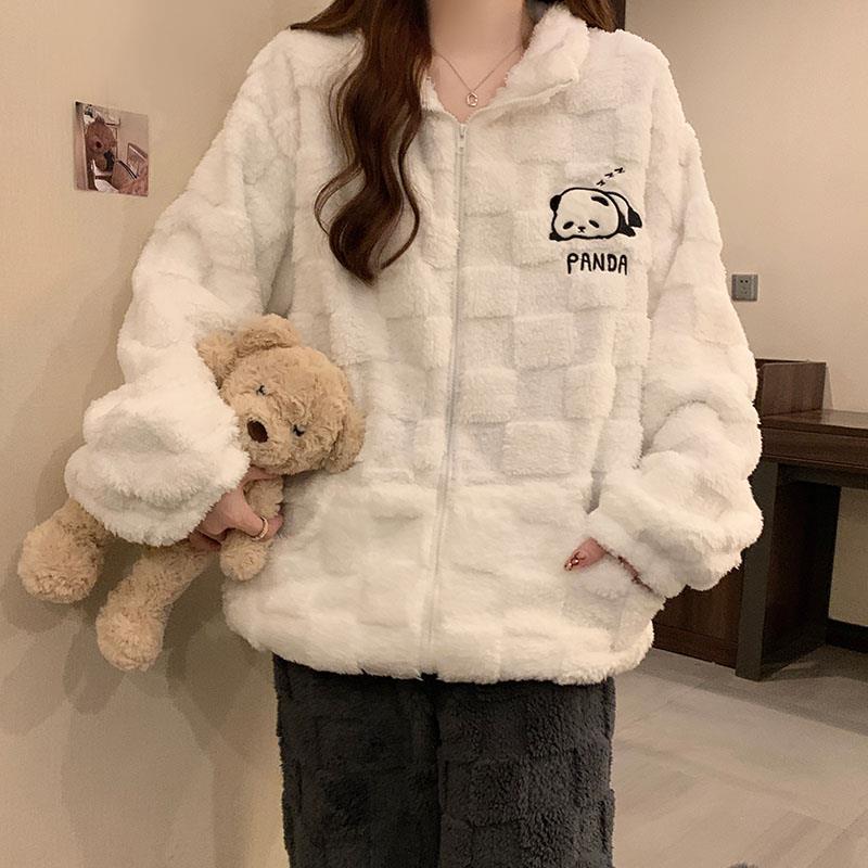2023年新款珊瑚絨睡衣女秋冬季天拉鏈小熊貓法蘭絨薄絨套裝家居服