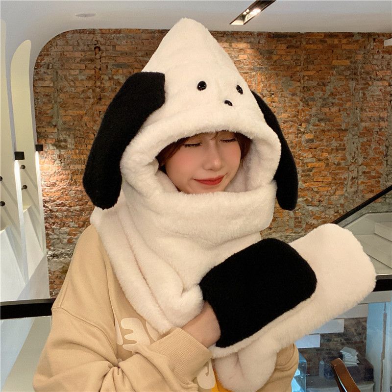  autumn and winter girlfriends cute hooded cartoon girls thickened warm plush neck scarf gloves hat scarf all in one