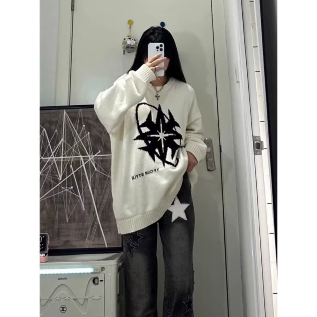 美式高級感慵懶風白色毛衣男女ins潮秋冬加厚寬鬆情侶針織衫外套