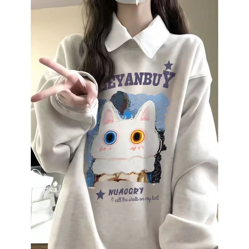 UO100%重磅純棉450G銀狐絨衛衣女秋冬季卡通ins貓咪情侶寬鬆女潮