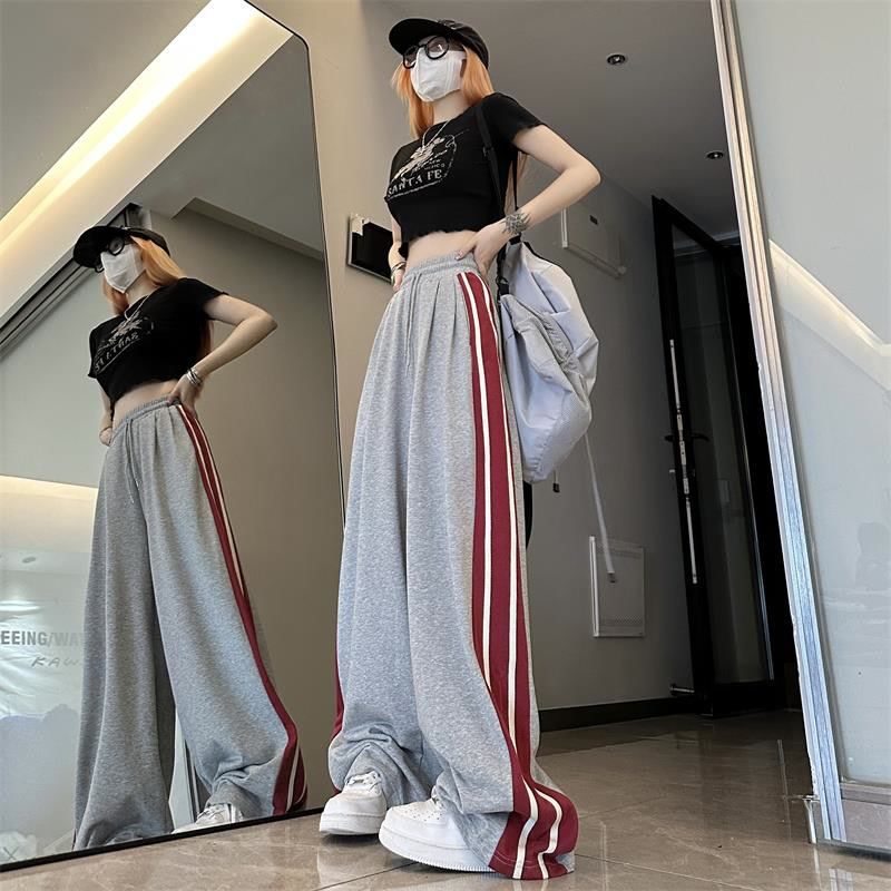春秋ins美式復古拼色百搭情侶運動褲男女潮牌寬鬆直筒闊腿衛褲潮