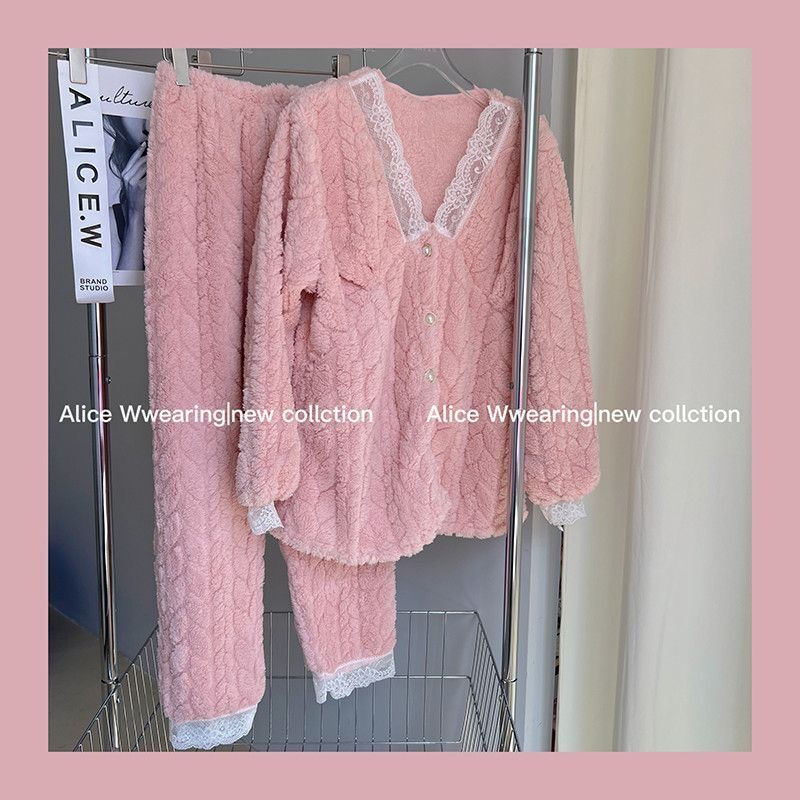 2023新款珊瑚絨睡衣女士秋冬季加絨加厚冬天可愛法蘭絨家居服套裝