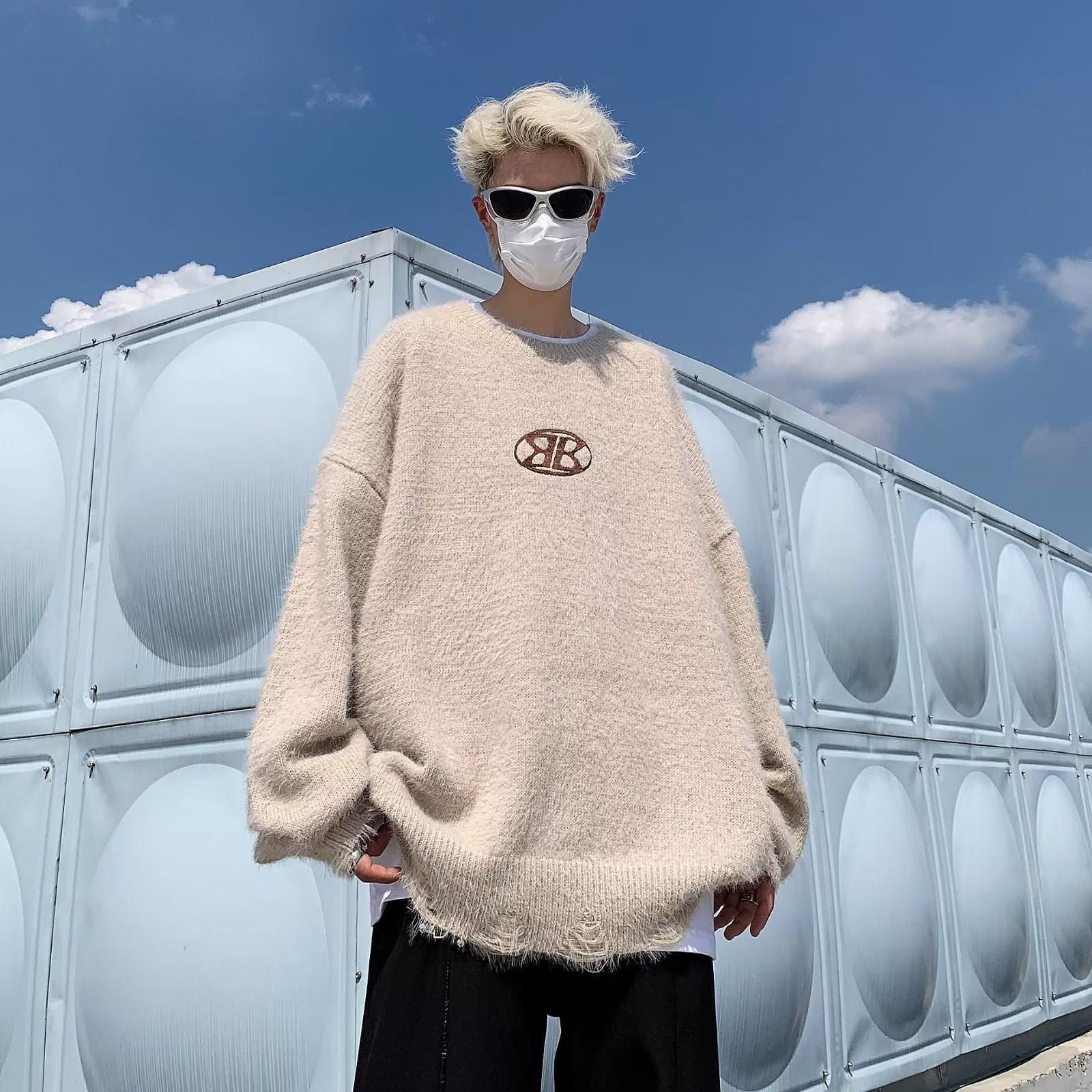 國潮復古仿貂絨毛衣男女慵懶高級感圓領針織衫潮牌美式hiphop外套