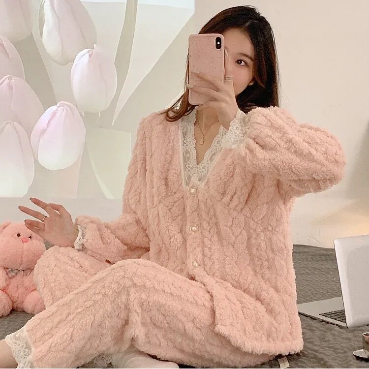 珊瑚絨睡衣女2023年新款秋冬季可愛卡通網紅風加絨加厚家居服套裝