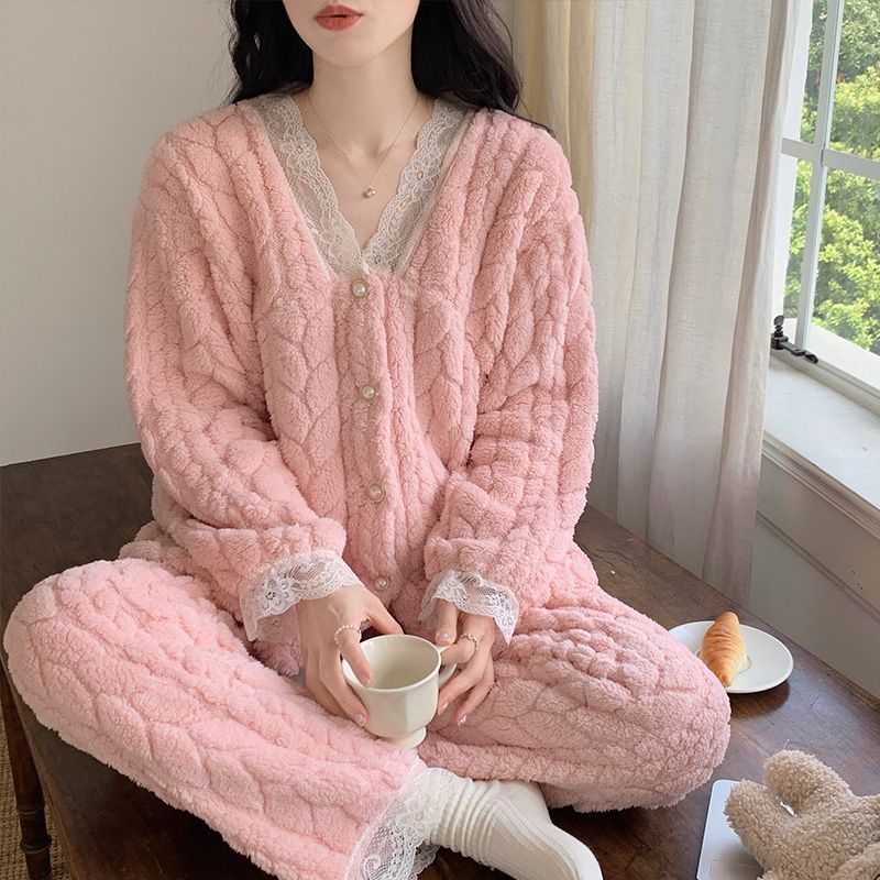 睡衣女秋冬季珊瑚絨加厚保暖法蘭絨卡通可愛可外穿開衫家居服套裝