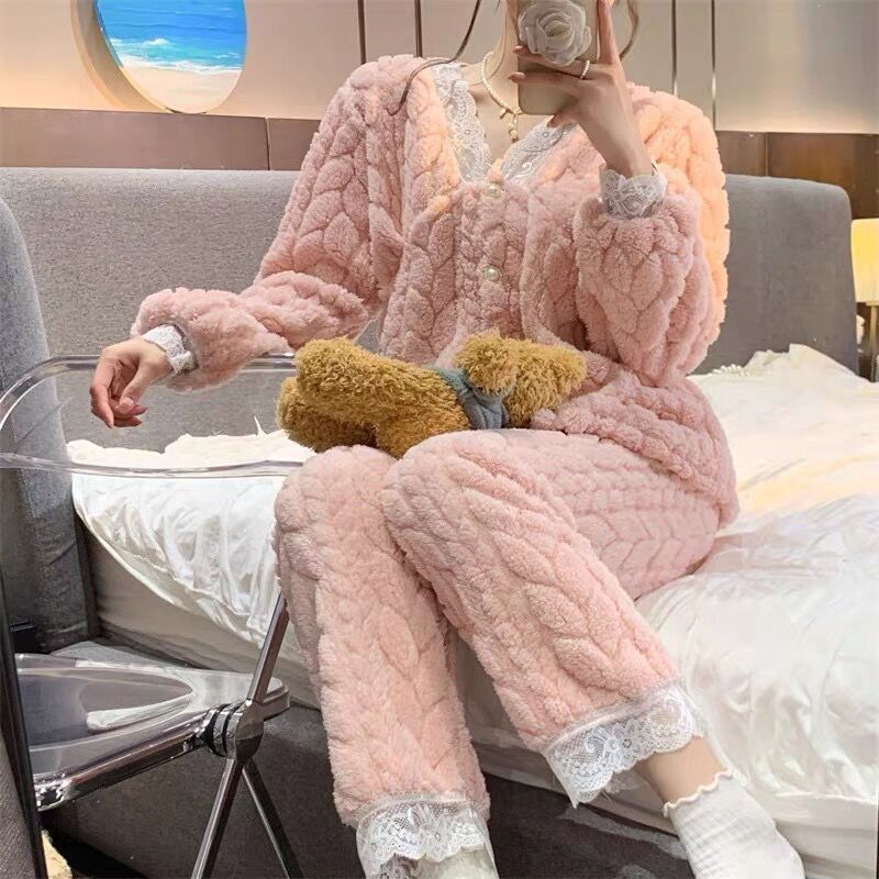 珊瑚絨睡衣女2023年新款秋冬季可愛卡通網紅風加絨加厚家居服套裝