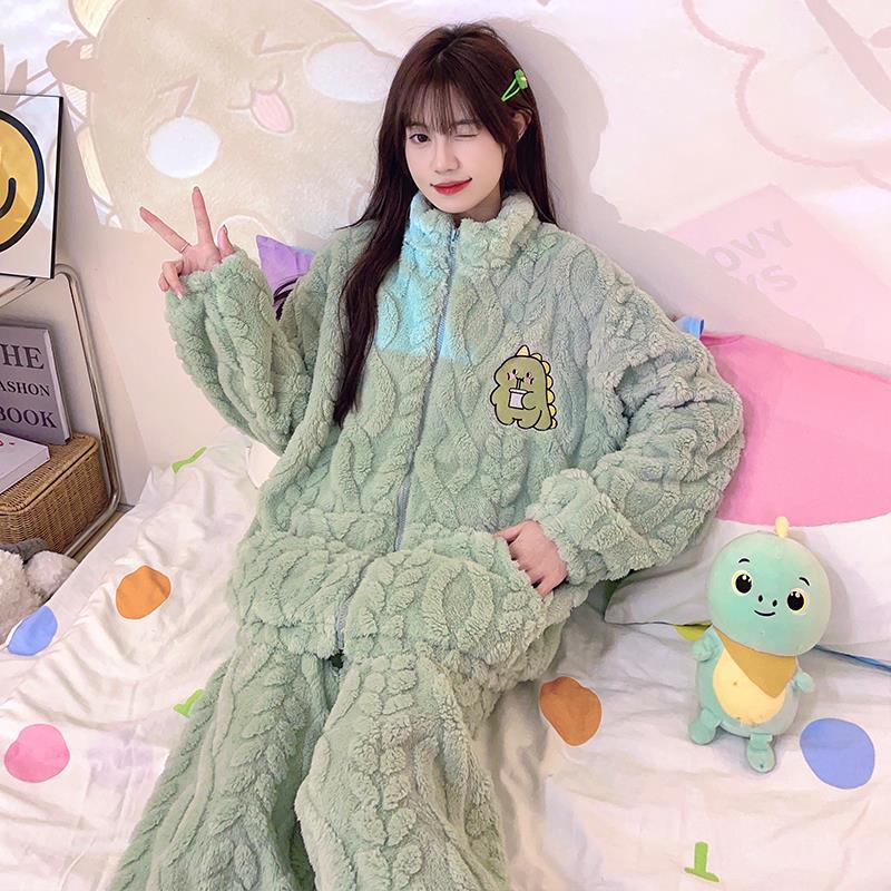 珊瑚絨睡衣女冬季加厚加絨2023年新款套裝韓版拉鏈法蘭絨家居服女