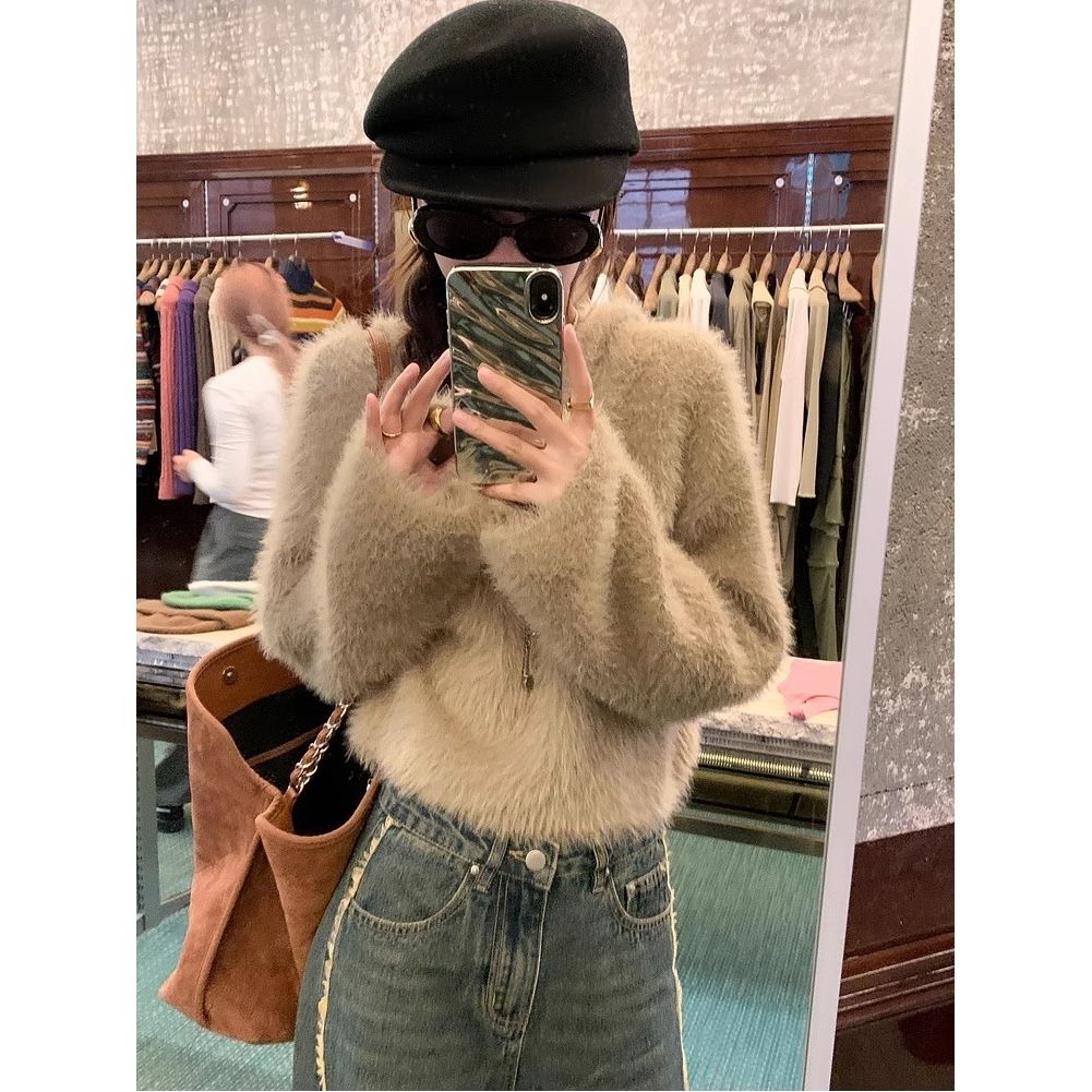 Lazy style hooded knitted sweater for women in autumn and winter new style soft and waxy imitation mink velvet long-sleeved top for women