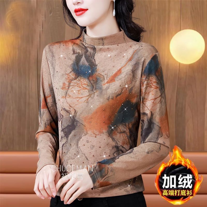 專櫃好貨南韓紗印花燙鑽打底衫女長袖上衣秋冬新款寬鬆印花媽媽裝