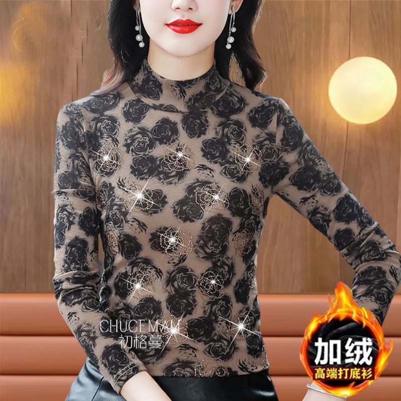 商城專櫃燙鑽印花南韓紗打底衫女士長袖上衣秋冬新款寬鬆百搭小衫