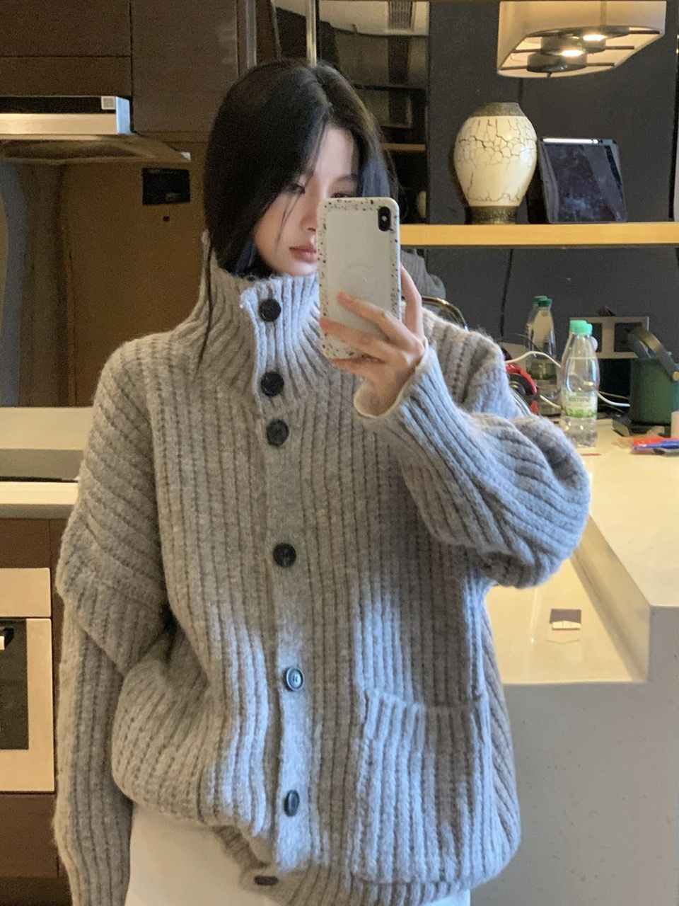New style lazy style solid color high collar long sleeve knitted jacket for women autumn loose casual versatile cardigan top